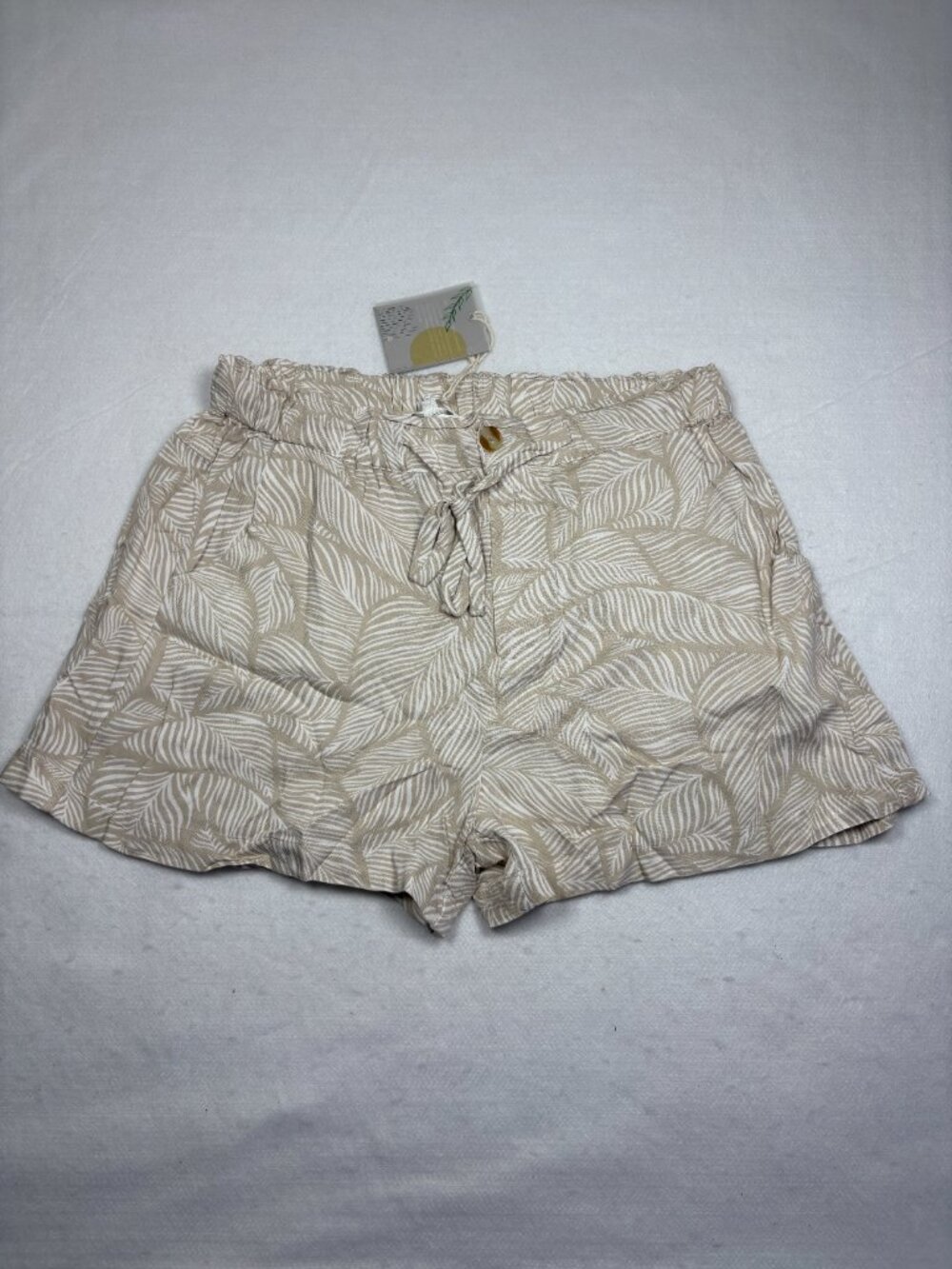 Thread & Supply Eldona Tie Waist Shorts Taupe Ivory Leaf Tropical Athleisure S